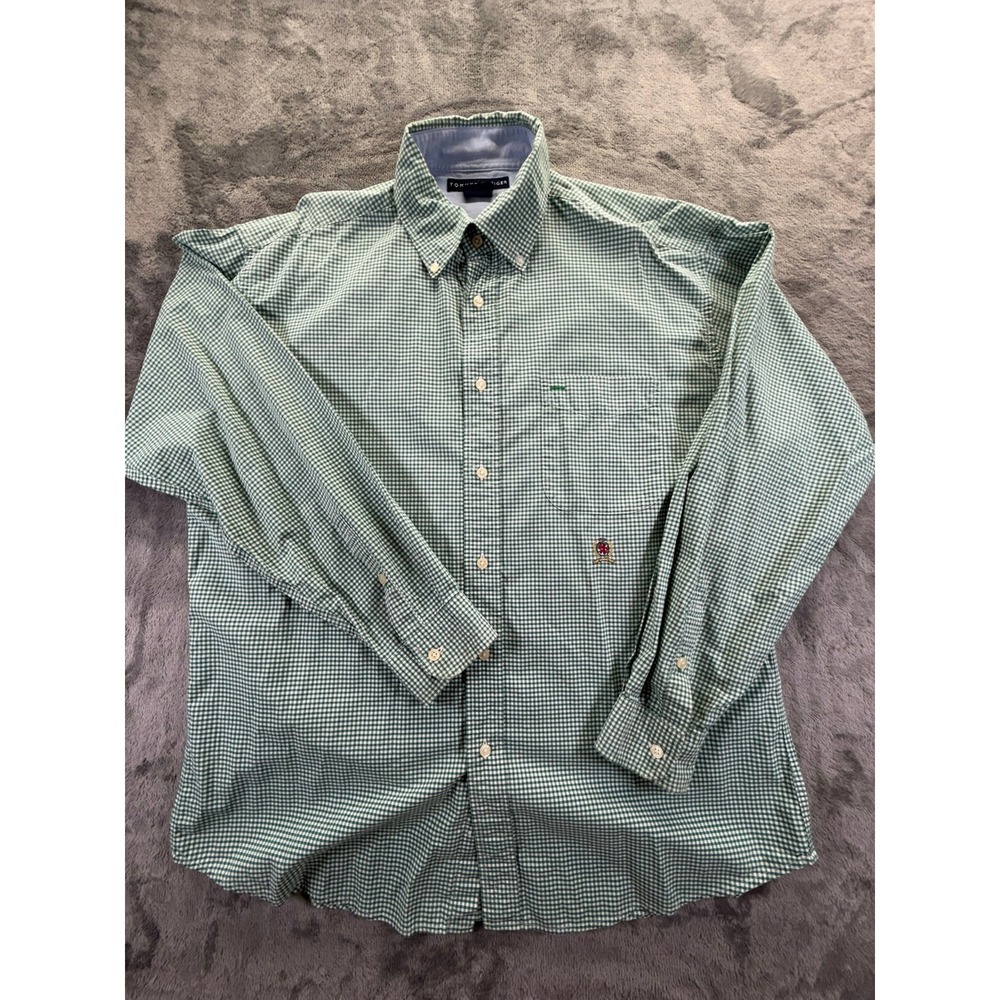 Tommy Hilfiger Mens Green Gingham Check Crest Logo Cotton Button Down Shirt L